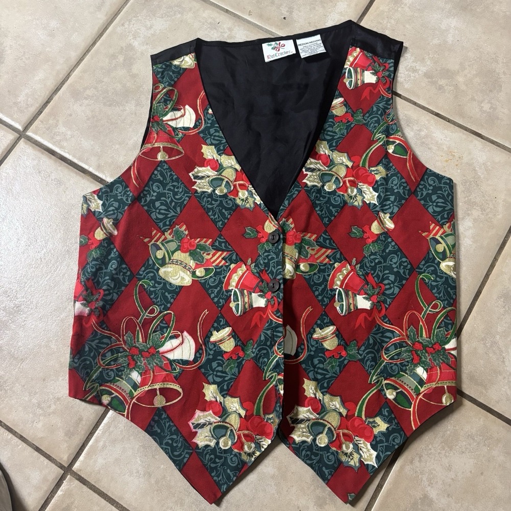 Nutcracker‎ Women's Christmas Holiday Vest Size Medium Tie In Back Bells & Holly